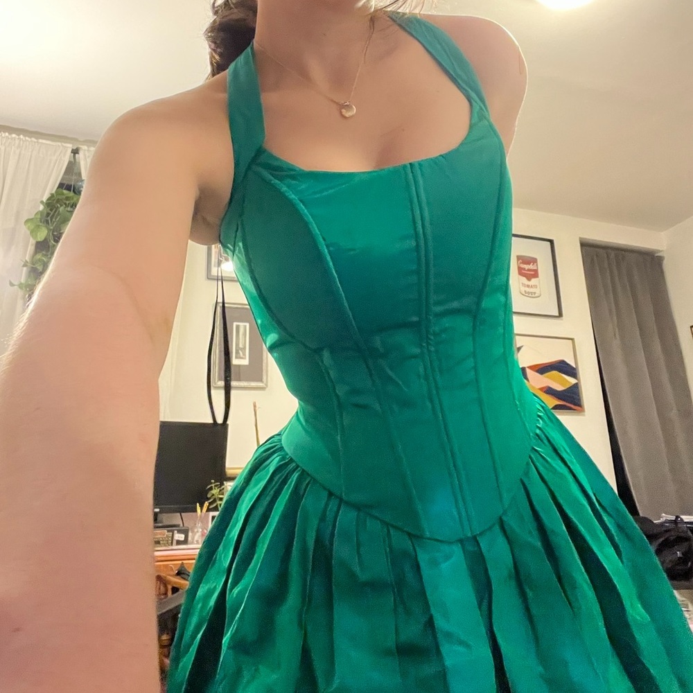 VTG jessica mcclintock Metallic Green gunne sax dress Corset Midi dress Sz 3/4